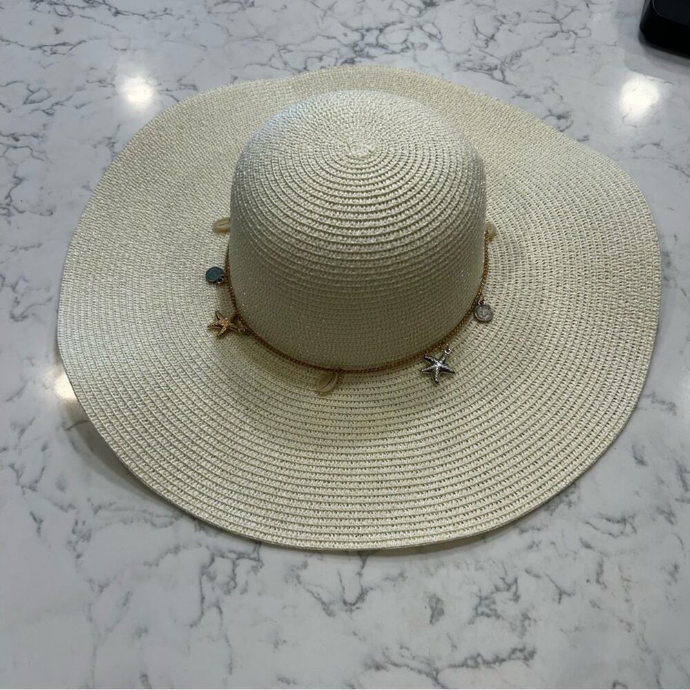 Light Beige Wide Brim 100% Grass Sunhat W/ Beach Necklace/Chain
